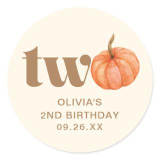 Boho Fall Watercolor Pumpkin 2nd Birthday Classic Round Sticker