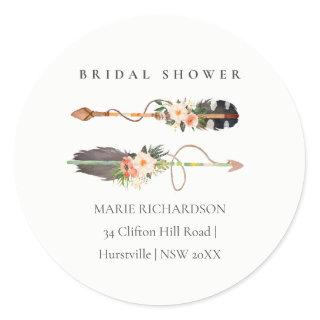 Boho Feather Floral Arrow Bridal Shower Address  Classic Round Sticker