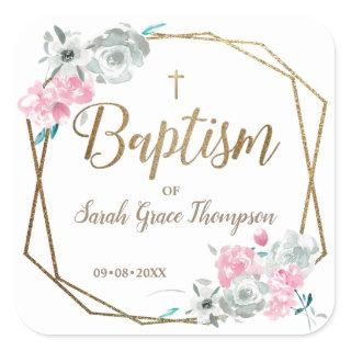 Boho flowers Baby girl name gold cross baptism Square Sticker