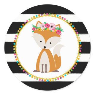 Boho Fox Striped Pompom Inspired Baby Shower Classic Round Sticker