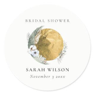 Boho Gold Saga Green Floral Wreath Bridal Shower Classic Round Sticker