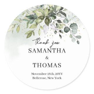 Boho greenery eucalyptus foliage gold sparkles classic round sticker