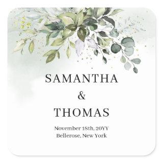 Boho greenery eucalyptus foliage gold sparkles square sticker