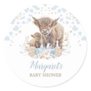 Boho Highland Cow Floral Pampas Grass Baby Boy Classic Round Sticker