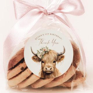 Boho Highland Cow Kids Birthday Party Thank You Classic Round Sticker