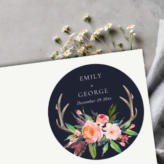 BOHO NAVY BLUSH ANTLER FLORAL COUNTRY  WEDDING CLASSIC ROUND STICKER