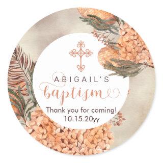 Boho Palm Leaves Hydrangeas Blooms Girl Baptism Classic Round Sticker