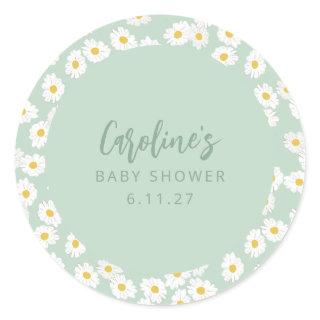 Boho Pastel Sage Daisies Floral Custom Baby Shower Classic Round Sticker