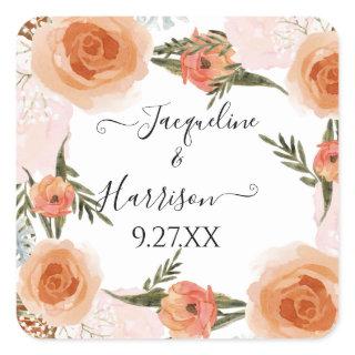 BOHO Peach Blush Floral Rust Greenery Watercolor Square Sticker