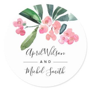 BOHO PINK CHRIST THORN BLOOM WATERCOLOR WEDDING CLASSIC ROUND STICKER