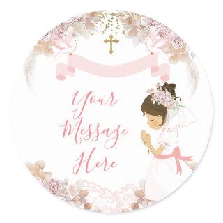 Boho Pink Floral Girl FIRST Holy Communion Cross Classic Round Sticker