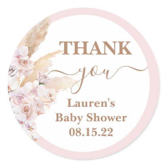 Boho Pink Pampas Grass Baby Shower Round Sticker