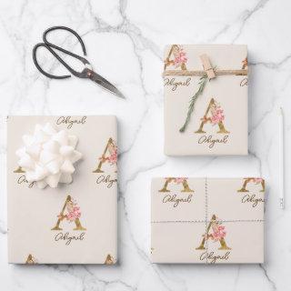 Boho Pink Roses and Gold Custom Letter A Monogram  Sheets