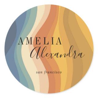 Boho Retro Script Abstract Wavy Lines Yellow Blue Classic Round Sticker