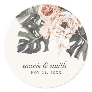 BOHO RUST MONSTERA WATERCOLOR FLORAL WEDDING  CLASSIC ROUND STICKER