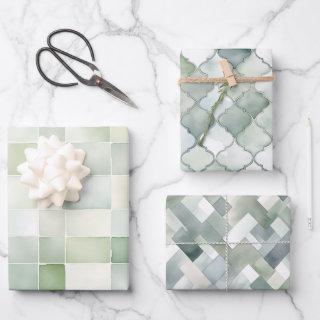 Boho Sage Green Watercolor Geometric Patterns  Sheets