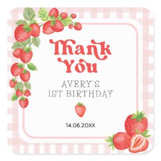 Boho Strawberry Berry First Birthday Thank You Square Sticker