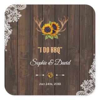 Boho Sunflowers Antlers Wood Lace WeddingI DO BBQ Square Sticker