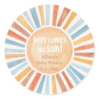 Boho sunshine Here Comes the Sun baby shower Classic Round Sticker