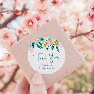 Boho Teal Gold Watercolor Floral Thank You Custom Classic Round Sticker