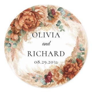 Boho terracotta pampas greenery copper floral classic round sticker