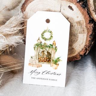 Boho Watercolor Fireplace With Greenery Gift Tags