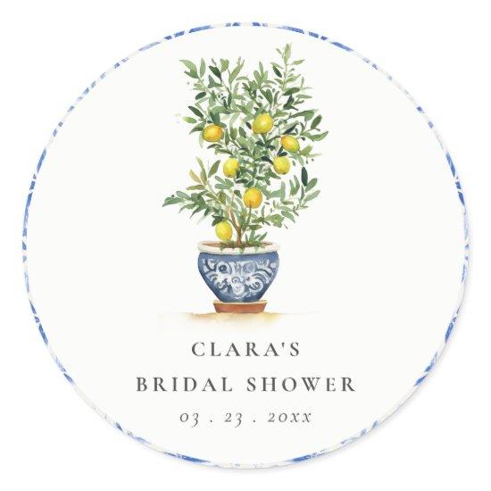 Boho Watercolor Yellow Lemon Tree Bridal Shower Classic Round Sticker