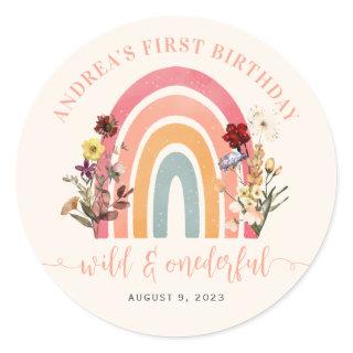 Boho Wild & Onederful Wildflower Rainbow Birthday Classic Round Sticker