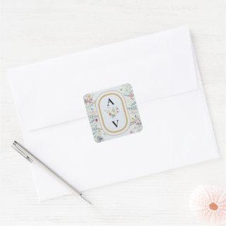 Boho Wildflower Fern Dusty Blue Monogram Favor Square Sticker