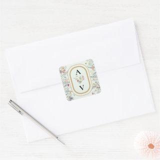 Boho Wildflower Fern Mint Green Monogram Favor Square Sticker