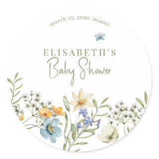Boho wildflowers spring baby shower personalized classic round sticker