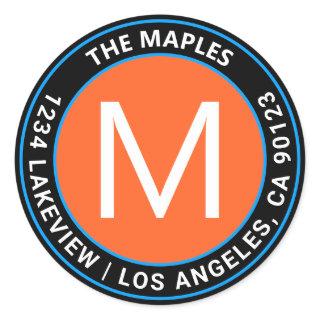 Bold Black Orange Blue Circular Return Address Classic Round Sticker