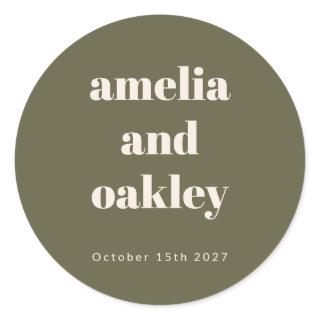 Bold Minimalist Boho Olive Green Custom Wedding Classic Round Sticker