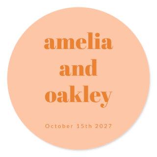 Bold Minimalist Boho Peach Orange Custom Wedding Classic Round Sticker
