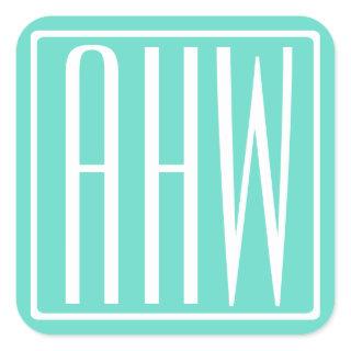 Bold Modern 3 Initials Monogram | White On Aqua Square Sticker