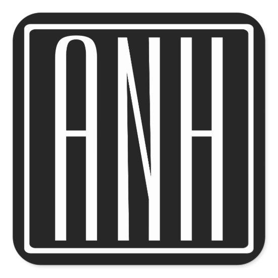 Bold Modern 3 Initials Monogram | White On Black Square Sticker