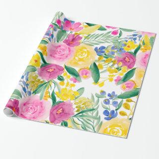 Bold pink blue yellow floral watercolor pattern