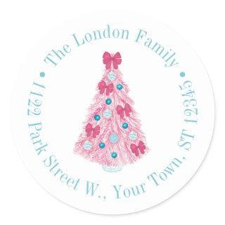 Bold Pink Christmas Tree With Teal Return Address Classic Round Sticker