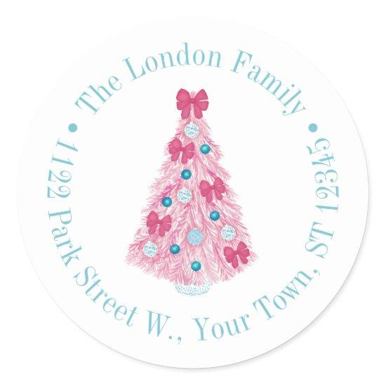 Bold Pink Christmas Tree With Teal Return Address Classic Round Sticker
