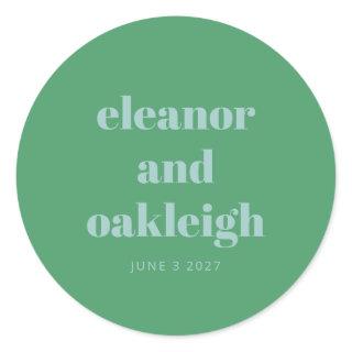 Bold Typography Bright Green Blue Modern Wedding  Classic Round Sticker