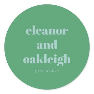 Bold Typography Bright Green Blue Modern Wedding  Classic Round Sticker