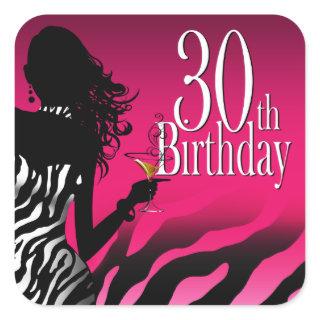 Bombshell Zebra 30th Birthday Party Fuschia Square Sticker