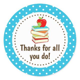 Bookworm Thank You Teacher Appreciation Blue Spots Classic Round Sticker
