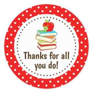 Bookworm Thank You Teacher Appreciation Red Spots  Classic Round Sticker