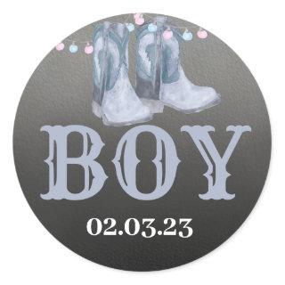 Boots or bows round sticker for Gender Reveal.