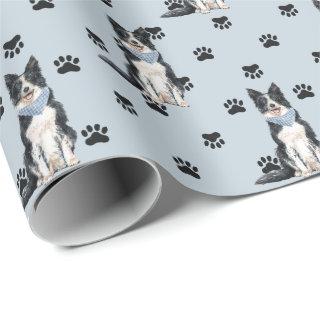 Border Collie Dog Paw Print Pattern on Silver