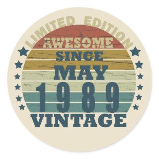 born in may 1989 vintage birthday classic round sticker