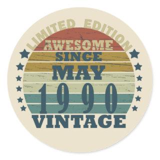 born in may 1990 vintage birthday classic round sticker