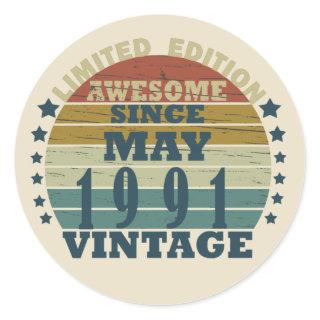 born in may 1991 vintage birthday classic round sticker