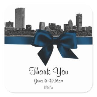 Boston Skyline Etched BW Navy Blue Favor Tag